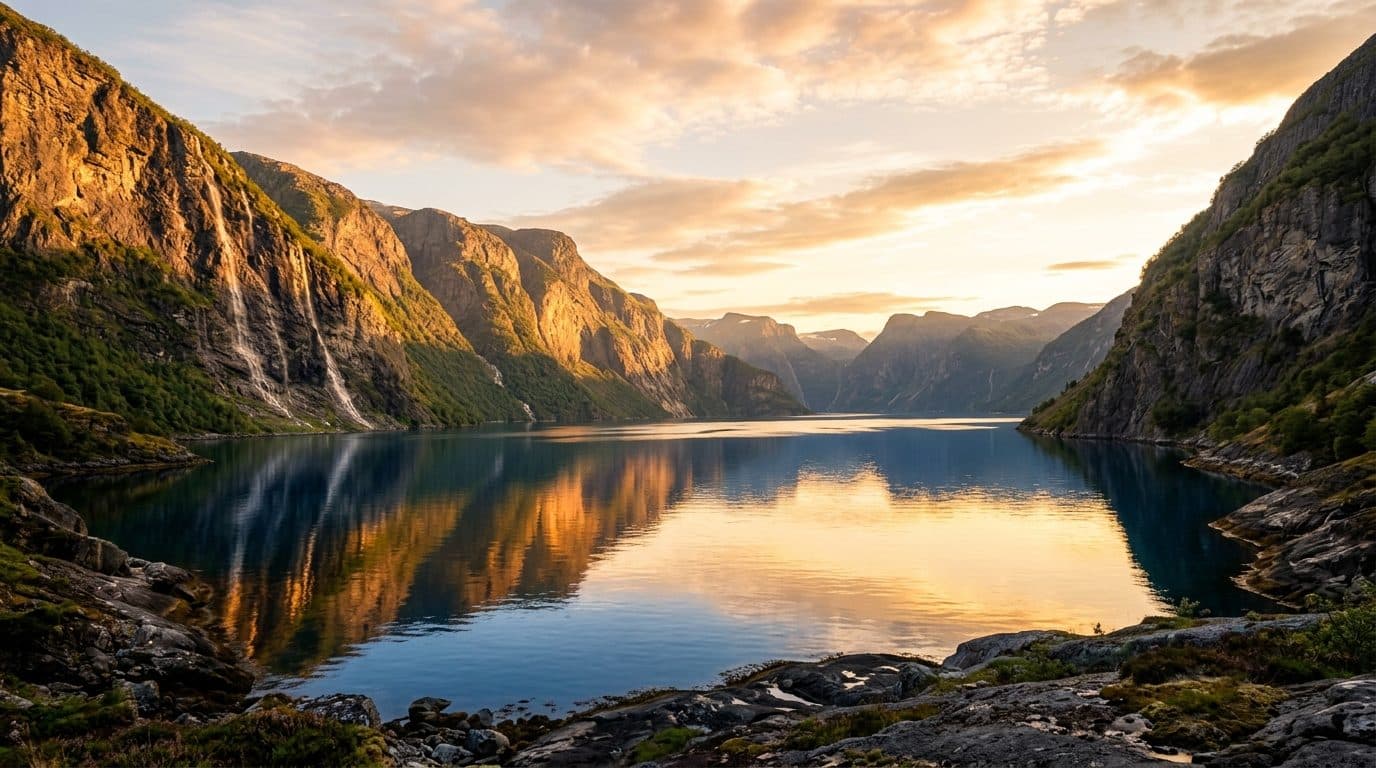 Norwegische Küstenlandschaft – stilles Meer, Felsen, weiter Horizont
