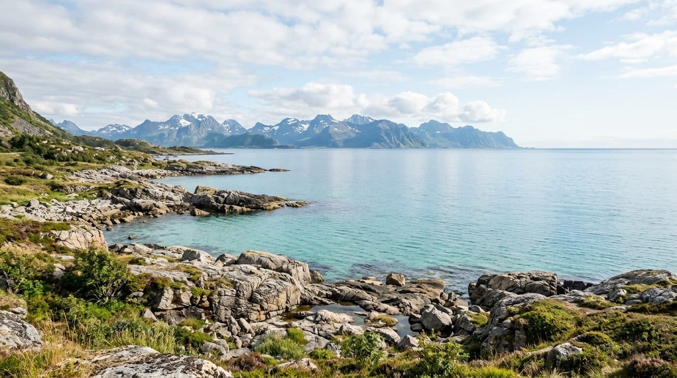 Nordische Küstenlandschaft mit türkisem Meer und Bergen